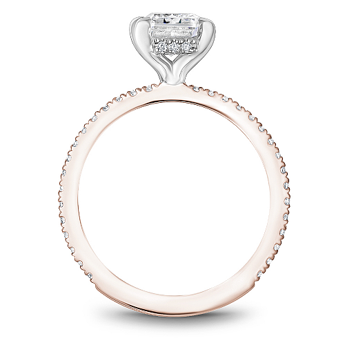 Noam Carver Rose & White Gold Prong Set Hidden Halo Emerald Cut Diamond Engagement Ring Featuring 0.30 Carats Total Weight Round Cut Shared Prong Set Diamonds.