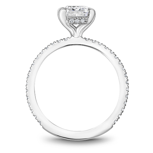 Noam Carver White Gold Prong Set Hidden Halo Emerald Cut Diamond Engagement Ring Featuring 0.30 Carats Total Weight Round Cut Shared Prong Set Diamonds.