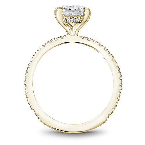 Noam Carver Yellow Gold Prong Set Hidden Halo Emerald Cut Diamond Engagement Ring Featuring 0.30 Carats Total Weight Round Cut Shared Prong Set Diamonds.