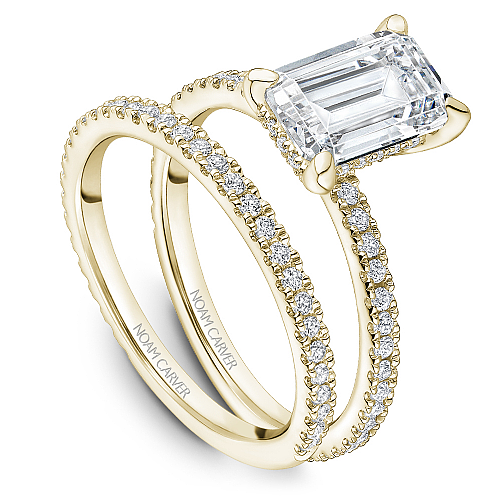 Noam Carver Yellow Gold Prong Set Hidden Halo Emerald Cut Diamond Wedding Ring set