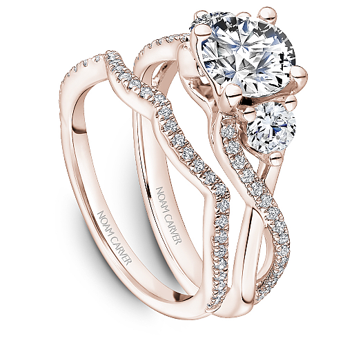 Noam Carver Rose Gold Twisted Shank Three Stone Diamond Wedding Ring Set