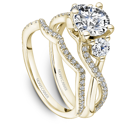 Noam Carver Yellow Gold Twisted Shank Three Stone Diamond Wedding Ring Set