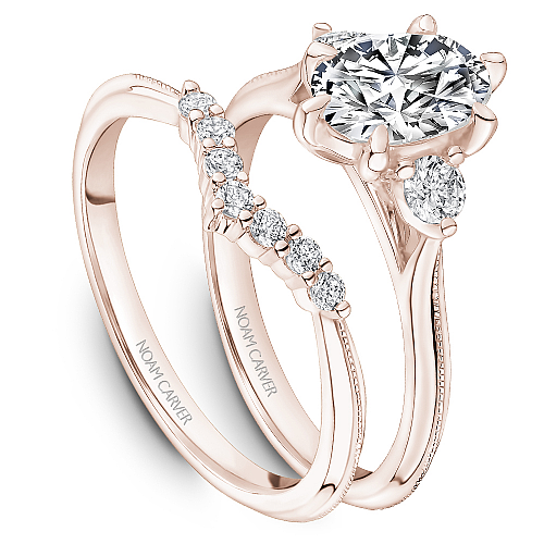 Noam Carver Rose Gold High Polish Oval Cut Three Stone Diamond Wedding Ring Set