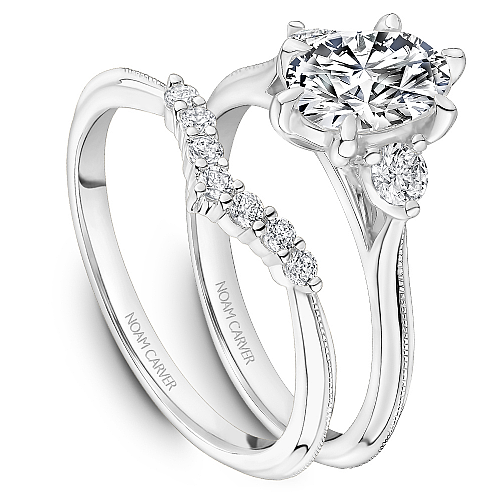 Noam Carver White Gold High Polish Oval Cut Three Stone Diamond Wedding Ring Set