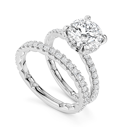 Noam Carver White Gold Luna Round Cut Hidden Halo Side Prong Set Diamond Bridal Ring Set- 1.8mm Shank 