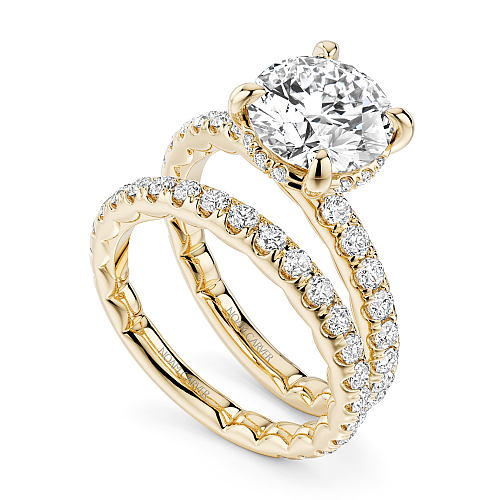 Noam Carver Yellow Gold Luna Round Cut Hidden Halo Side Prong Set Diamond Wedding Ring Set- 2.2mm Shank 