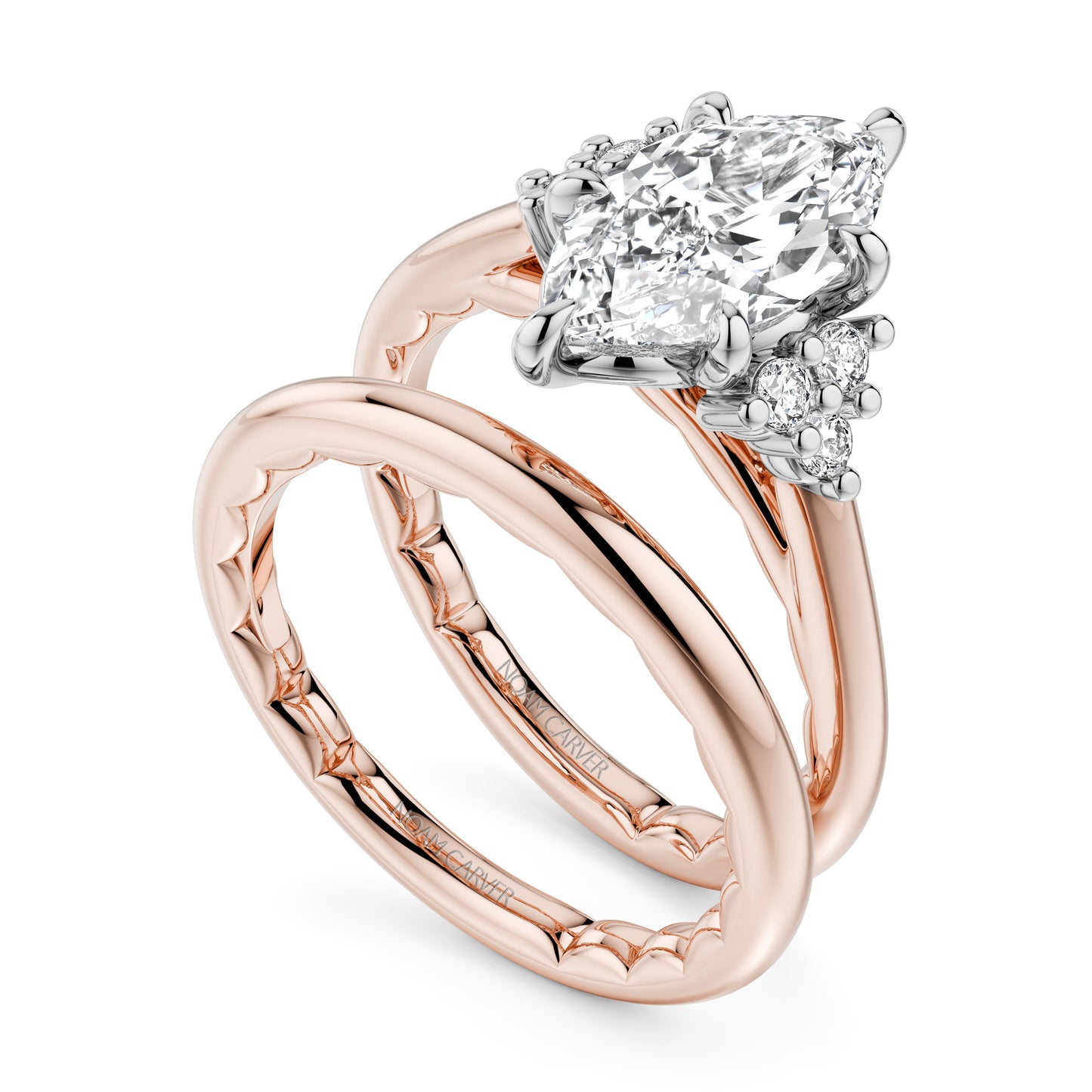 Noam Carver Two-Tone Rose & White Gold Luna Marquise Cut Cluster Diamond Wedding Ring set