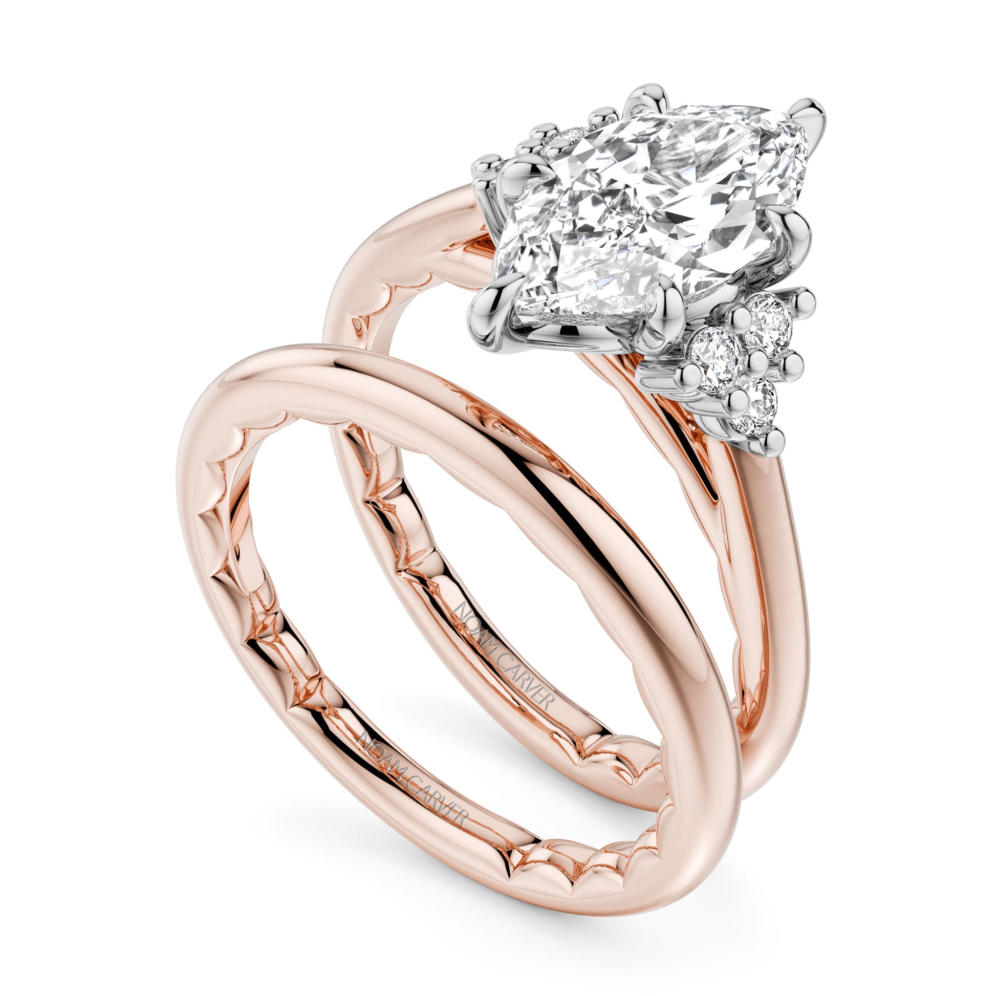Noam Carver Two-Tone Rose & White Gold Luna Marquise Cut Cluster Diamond Wedding Ring set