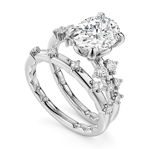 Noam Carver 14K White Gold Luna Round Cut Scattered Side Diamond Engagement Ring Bridal Set