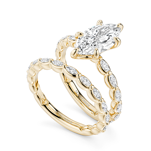 Noam Carver Yellow Gold Luna Marquise Cut East-West Set Side Diamond Engagement Ring Bridal Set