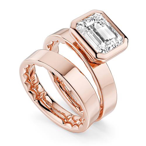 Noam Carver 14K Rose Gold Luna Cigar Bezel Set Emerald Off-Center Diamond Bridal Ring Set