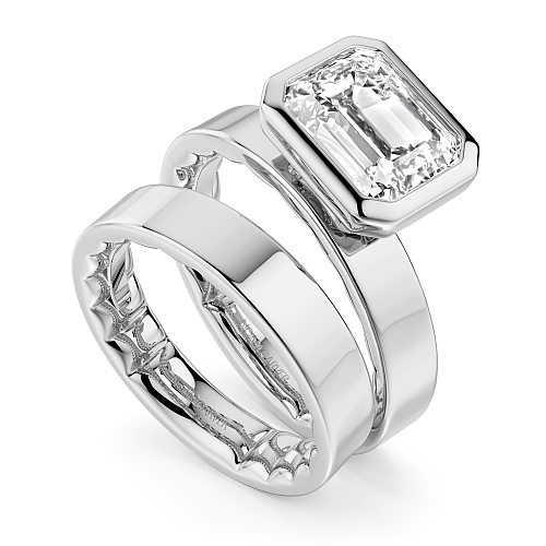 Noam Carver 14K White Gold Luna Cigar Bezel Set Emerald Off-Center Diamond Bridal Ring Set 