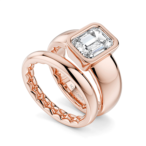 Noam Carver Rose Gold Luna Cigar Bezel Set Emerald Diamond Engagement Ring Bridal Set