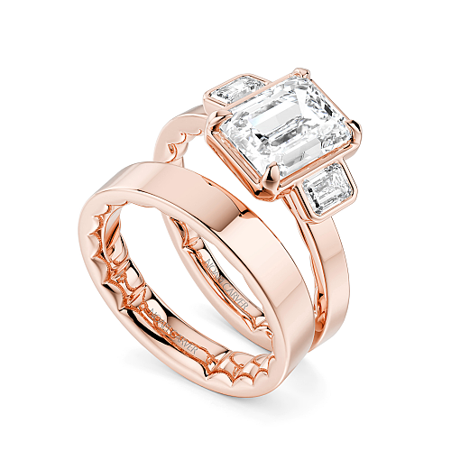 Noam Carver Rose Gold Luna Cigar Three Stone Emerald Diamond Wedding Ring Set