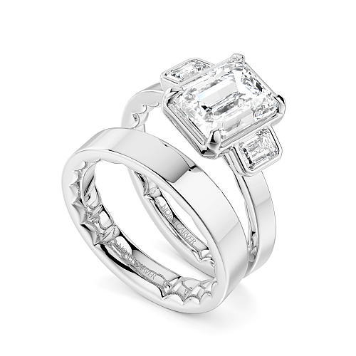 Noam Carver White Gold Luna Cigar Three Stone Emerald Diamond Wedding Ring Set