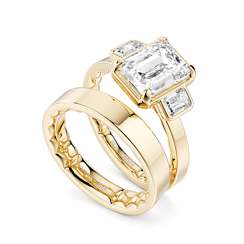 Noam Carver Yellow Gold Luna Cigar Three Stone Emerald Diamond Engagement Bridal Set 