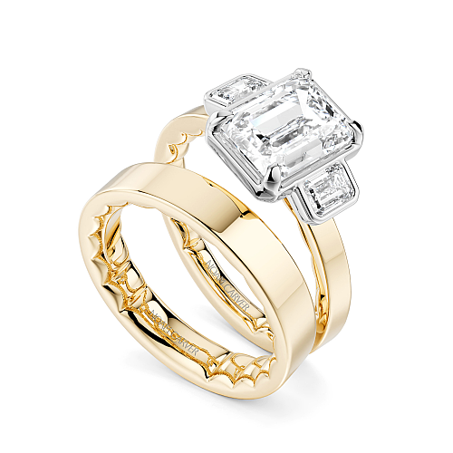 Noam Carver Two-Tone Yellow & White Gold Luna Cigar Three Stone Emerald Diamond Wedding Ring Set