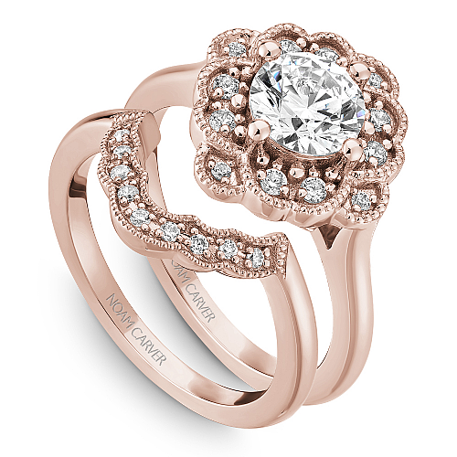 Noam Carver Rose Gold Floral Halo Diamond Wedding Ring Set 
