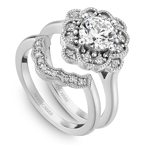 Noam Carver White Gold Floral Halo Diamond Wedding Ring Set 