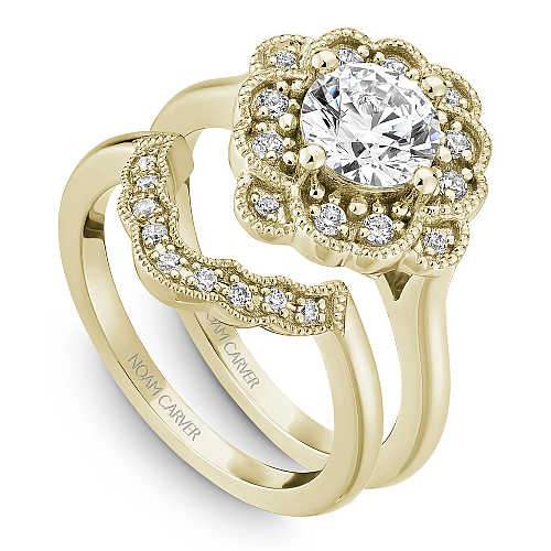 Noam Carver Yellow Gold Floral Halo Diamond Wedding Ring Set 