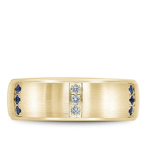 Bleu Royale Yellow Gold Three Stone Station Blue Sapphire & Diamond Wedding Band