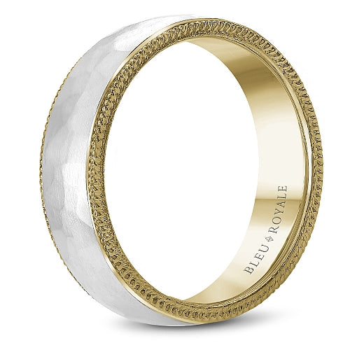 Bleu Royale Two Tone Yellow and White Gold Hammered Center Wedding Band