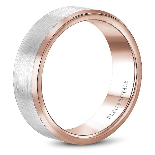 Bleu Royale 7.5MM White & Rose Gold Two-Tone Satin Finish Beveled Edge Wedding Band