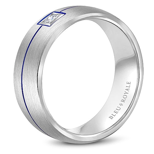 Bleu Royale White Gold Wedding Band with Princess Cut Diamond and Blue Enamel Stripe
