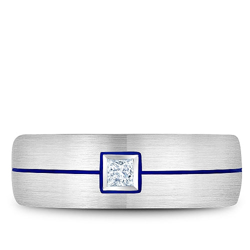 Bleu Royale White Gold Wedding Band with Princess Cut Diamond and Blue Enamel Stripe