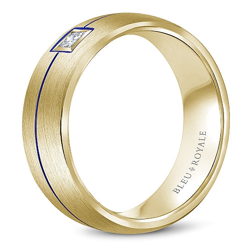 Bleu Royale Yellow Gold Wedding Band with Princess Cut Diamond and Blue Enamel Stripe