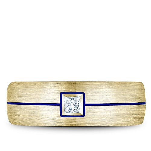 Bleu Royale Yellow Gold Wedding Band with Princess Cut Diamond and Blue Enamel Stripe