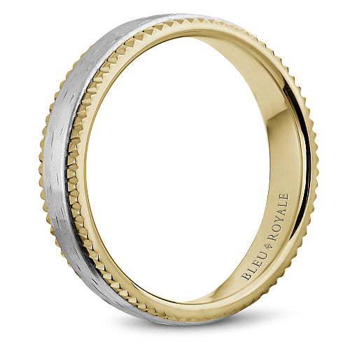 Bleu Royale White & Yellow 6mm Shimmering Finish Wedding Band with Watch Gear Edging