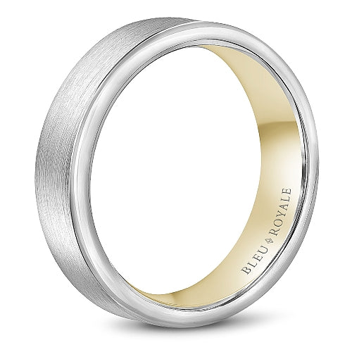 Bleu Royale Two-Tone White & Yellow Gold Sandpaper Finish Outside High Polish Interior Wedding Band