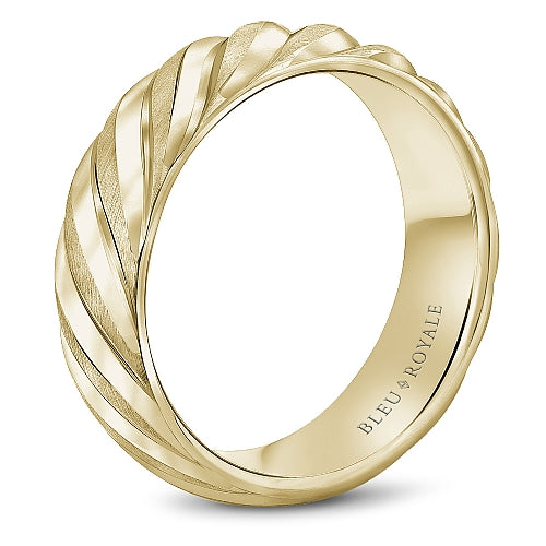 Bleu Royale Yellow Gold Wavy Swirl Notch Detail Wedding Band