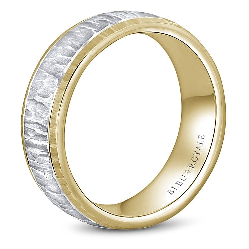 Bleu Royale 6MM Two-Tone Yellow & White Gold Wedding Band Featuring a Bark Top and High Polish Side Profile