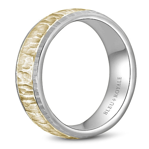 Bleu Royale 6MM Two-Tone White & Yellow Gold Wedding Band Featuring a Bark Top and High Polish Side Profile