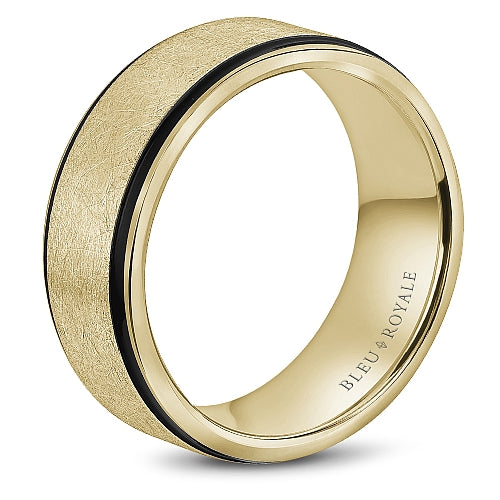 Bleu Royale 8.5MM Yellow Gold Diamond Brush Finish Black Enamel Edge Wedding Band