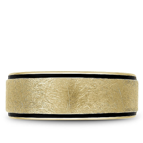 Bleu Royale 8.5MM Yellow Gold Diamond Brush Finish Black Enamel Edge Wedding Band