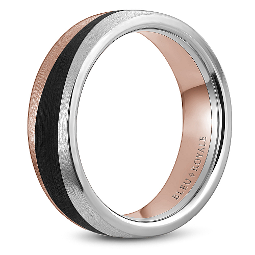Bleu Royale 7mm Rose, White & Enamel Two-Tone Gold Black Enamel Swish Wedding Band with Satin Finish