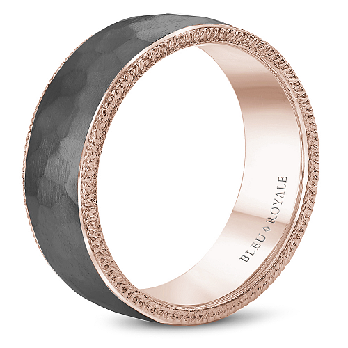 Bleu Royale 7.5MM Grey Frosted Hammered Tantalum & High Polished Rose Gold Wedding Band with High Polished Metal Inside.