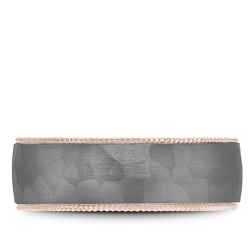 Bleu Royale 7.5MM Grey Frosted Hammered Tantalum & High Polished Rose Gold Wedding Band with High Polished Metal Inside.