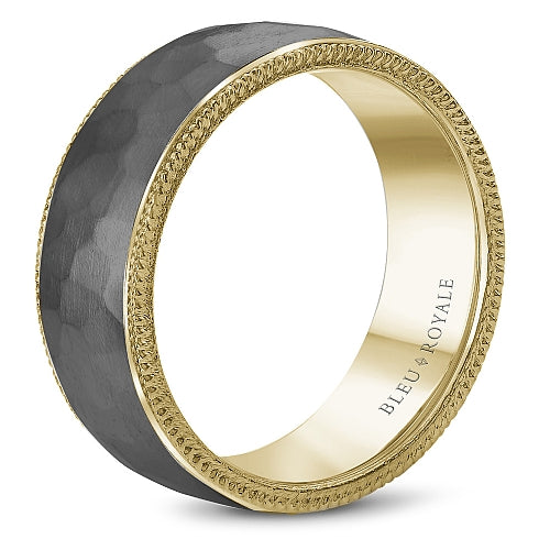 Bleu Royale 7.5MM Grey Frosted Hammered Tantalum & High Polished Yellow Gold Wedding Band with High Polished Metal Inside.
