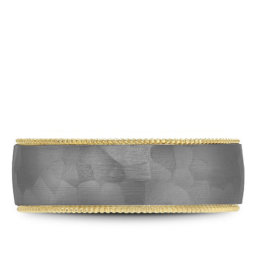 Bleu Royale 7.5MM Grey Frosted Hammered Tantalum & High Polished Yellow Gold Wedding Band with High Polished Metal Inside.