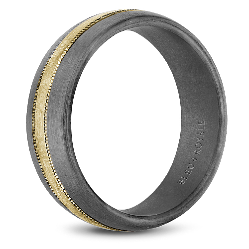 Bleu Royale 7MM Tantalum Wedding Band with a Yellow Gold Stripe & Milgrain Detailing