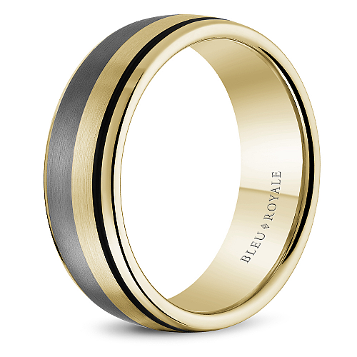 Bleu Royale 7.5 MM Wide Yellow Gold, Tantalum & Black Enamel Stripe Wedding Band 