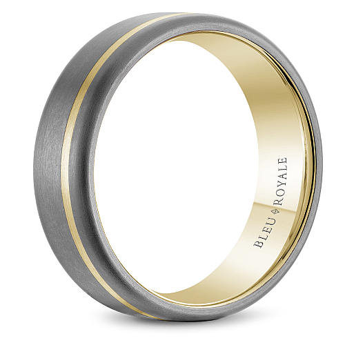 Bleu Royale Yellow Gold 7MM Wide High Polished Band with Brushed Tantalum Finish Wedding Band