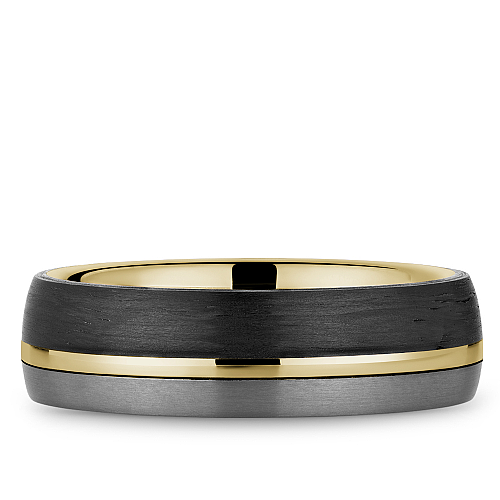 Bleu Royale 6 MM Three-Tone Yellow Gold, Forged Carbon & Tantalum Stripe Wedding Band