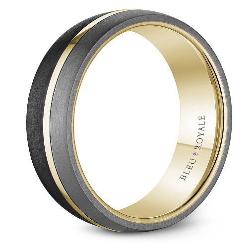 Bleu Royale 7.5 MM Three-Tone Yellow Gold, Forged Carbon & Tantalum Stripe Wedding Band