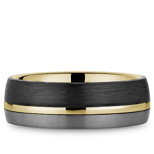 Bleu Royale 7.5 MM Three-Tone Yellow Gold, Forged Carbon & Tantalum Stripe Wedding Band
