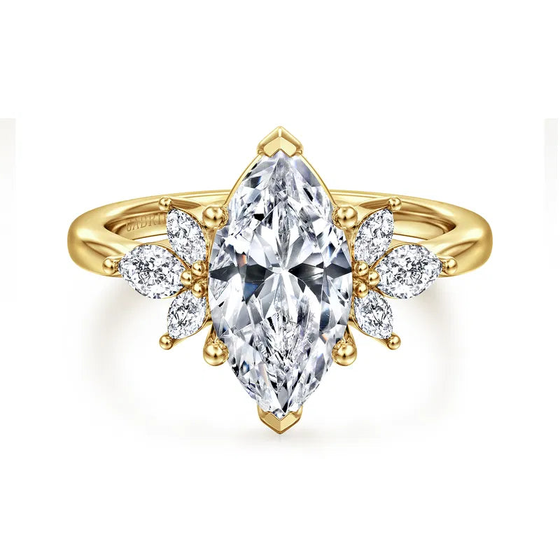 Gabriel & Co. Yellow Gold Bleine 2 Carat Center Marquise Diamond with Marquise Side Diamond Cluster Engagement Ring